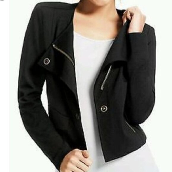 CABI Black Asymmetrical Snap Zip Pointe Moto Jacket Size XS Style 615 Zip Pocket - Picture 2 of 14